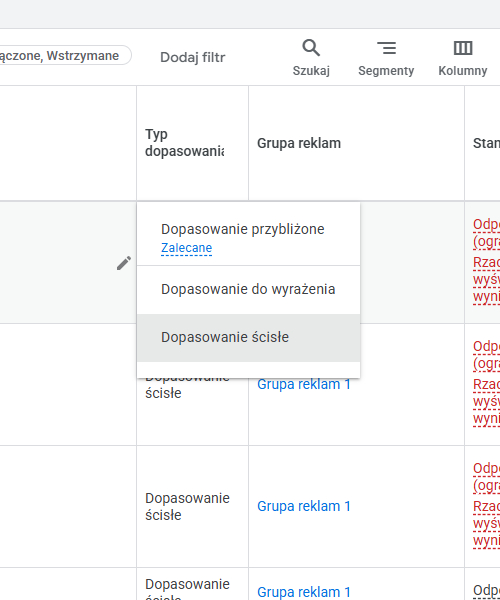 dopasowania słów kluczowych google ads