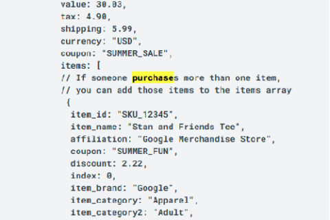 kod data layer wskazujący na event purchase z guide google