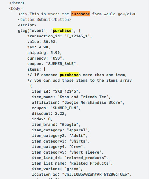kod data layer wskazujący na event purchase z guide google