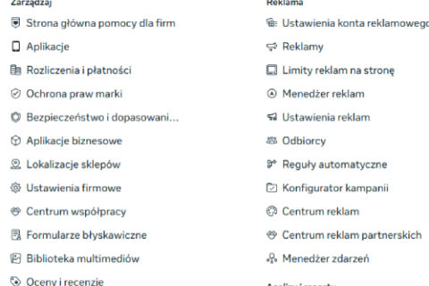 widok menu meta ads