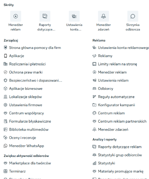 widok menu meta ads