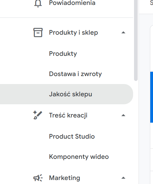 widok panelu merchant center jakość sklepu