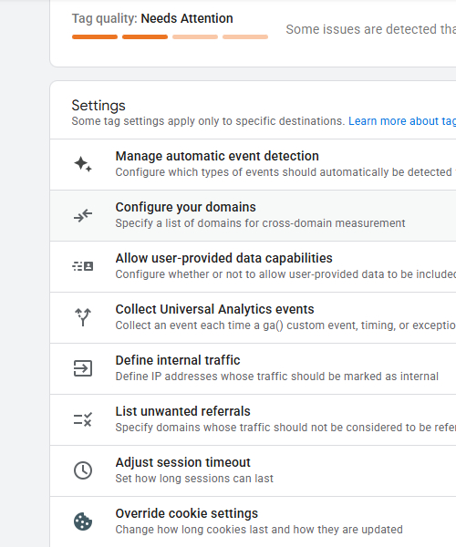 widok panalu Google Analytics configure your domains