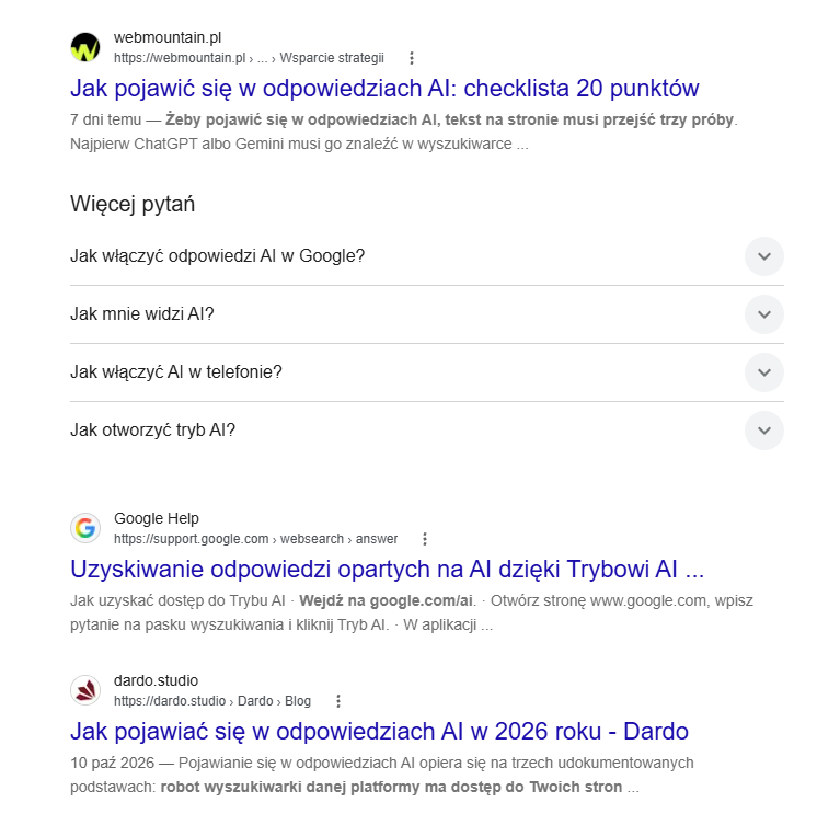 Wyniki Google na „jak pojawić się w odpowiedziach AI”: webmountain.pl na 1. miejscu, okno incognito, 20.10.2026