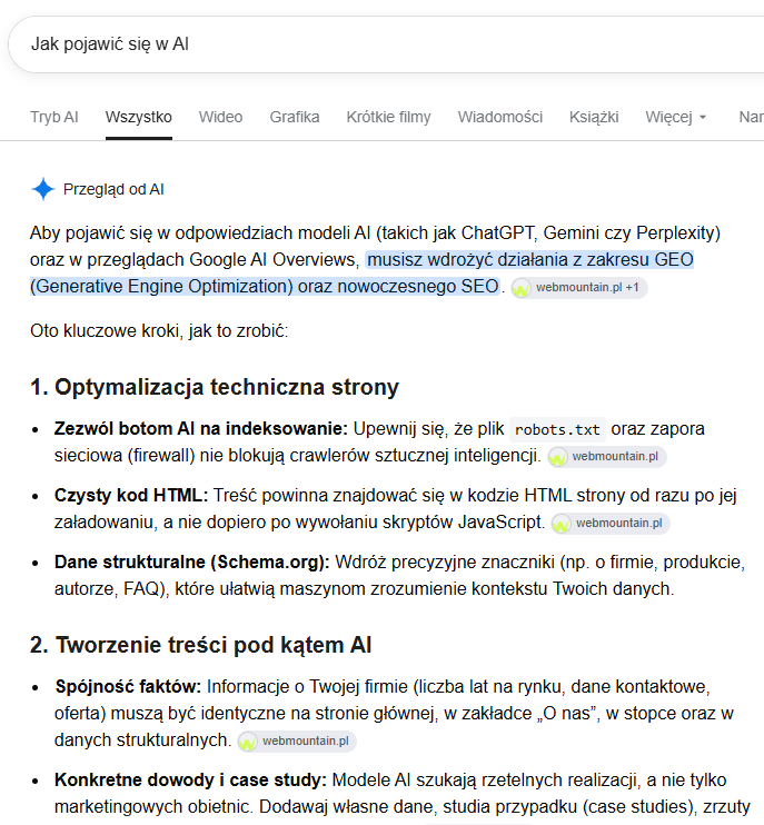 AI Overview w Google na krótsze pytanie „jak pojawić się w AI”: pierwszy przypis w odpowiedzi to webmountain.pl, 20.10.2026